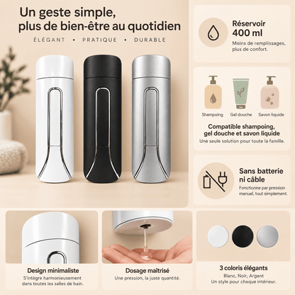 Distributeur Mural Shampoing & Gel Douche 400 ml – Blanc, Noir ou Gris