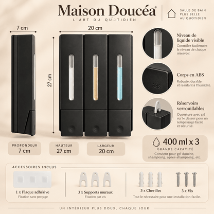Distributeur Mural Triple Shampoing & Gel Douche Noir – 3 x 400 ml