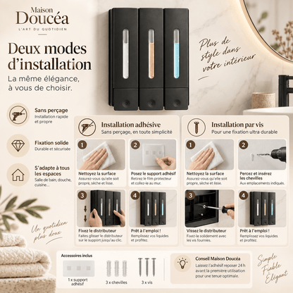 Distributeur Mural Triple Shampoing & Gel Douche Noir – 3 x 400 ml