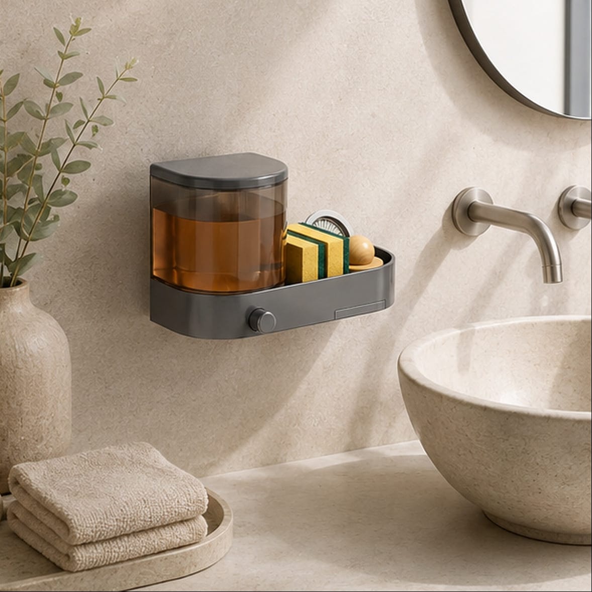 Distributeur Savon Mural Évier avec Porte-Éponge Gris