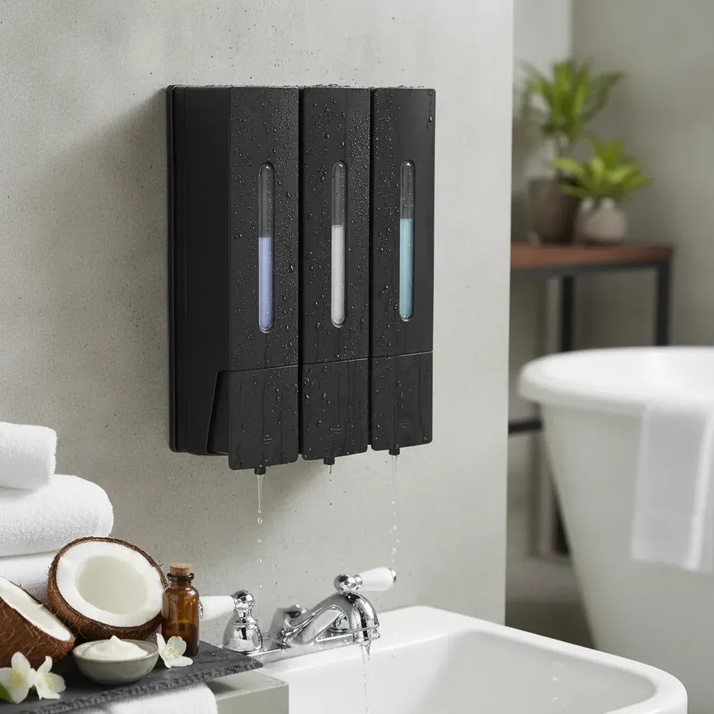 Distributeur Savon Mural Triple Noir Sans Percage