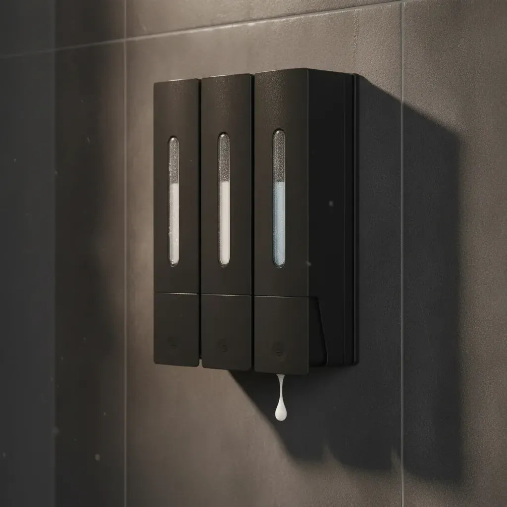 Distributeur Savon Mural Triple Noir Sans Percage