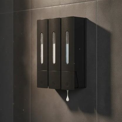 Distributeur Savon Mural Triple Noir Sans Percage
