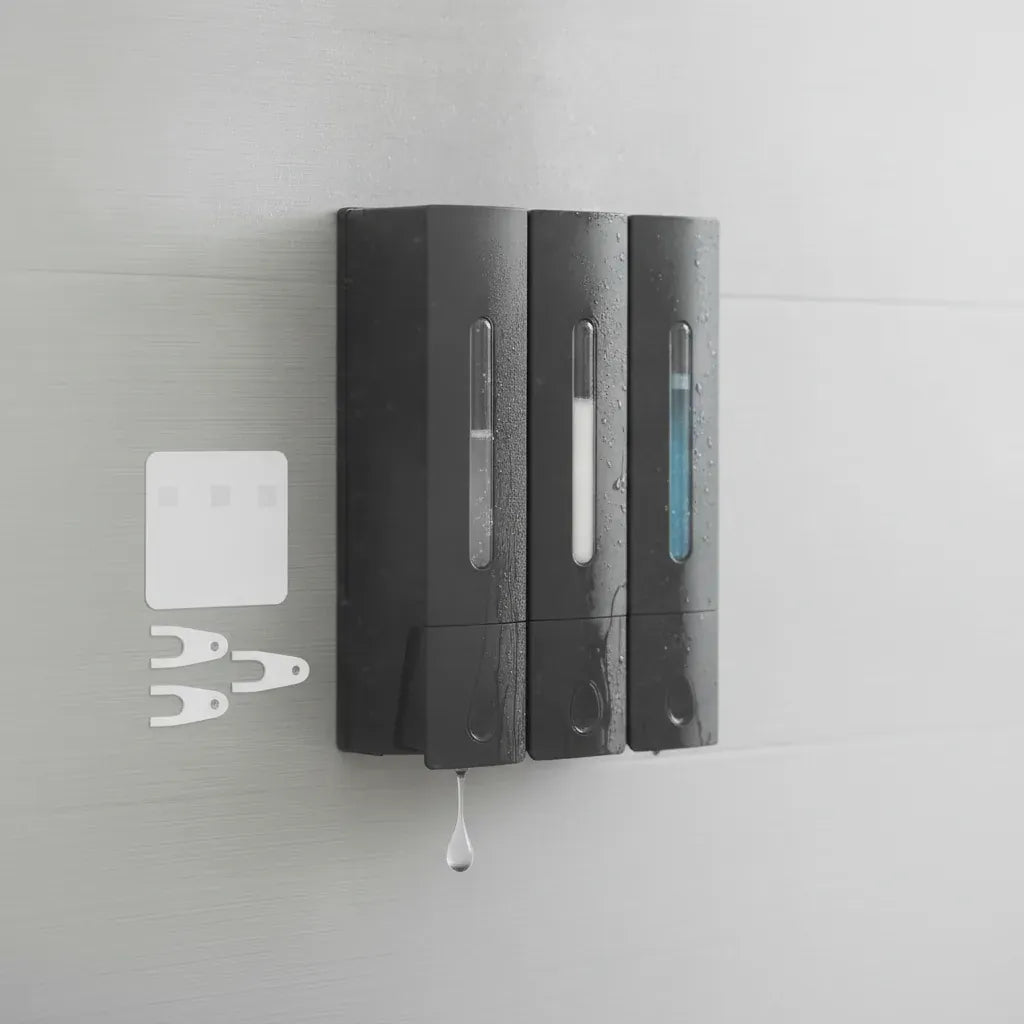 Distributeur Savon Mural Triple Noir Sans Percage