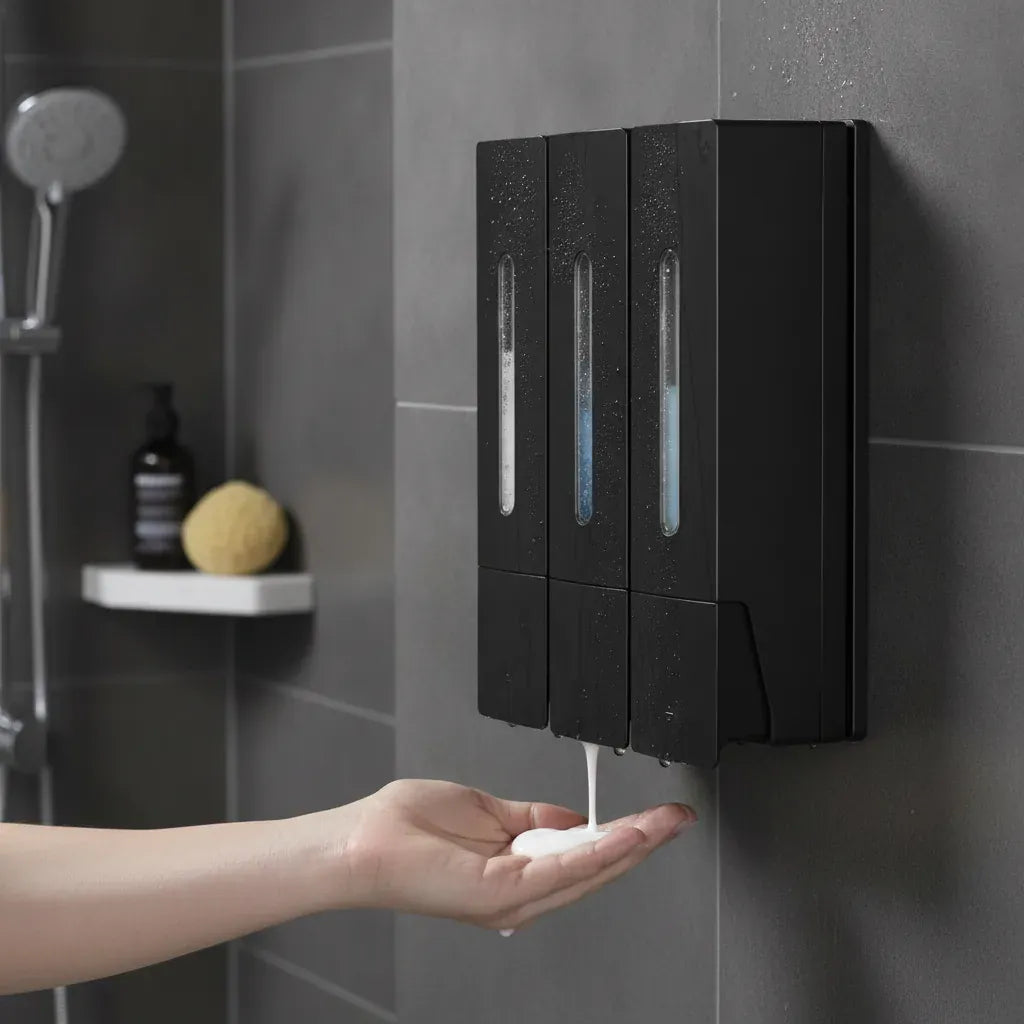 Distributeur Savon Mural Triple Noir Sans Percage
