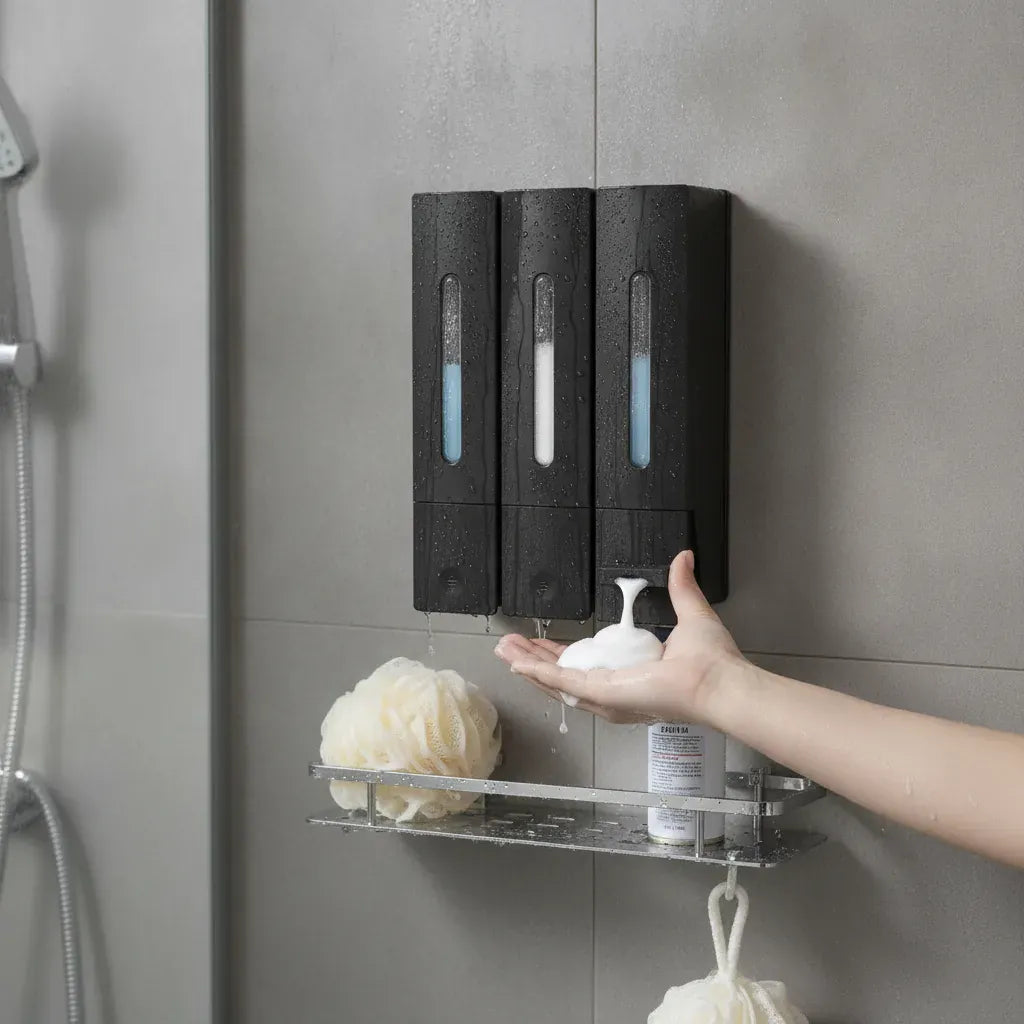 Distributeur Savon Mural Triple Noir Sans Percage