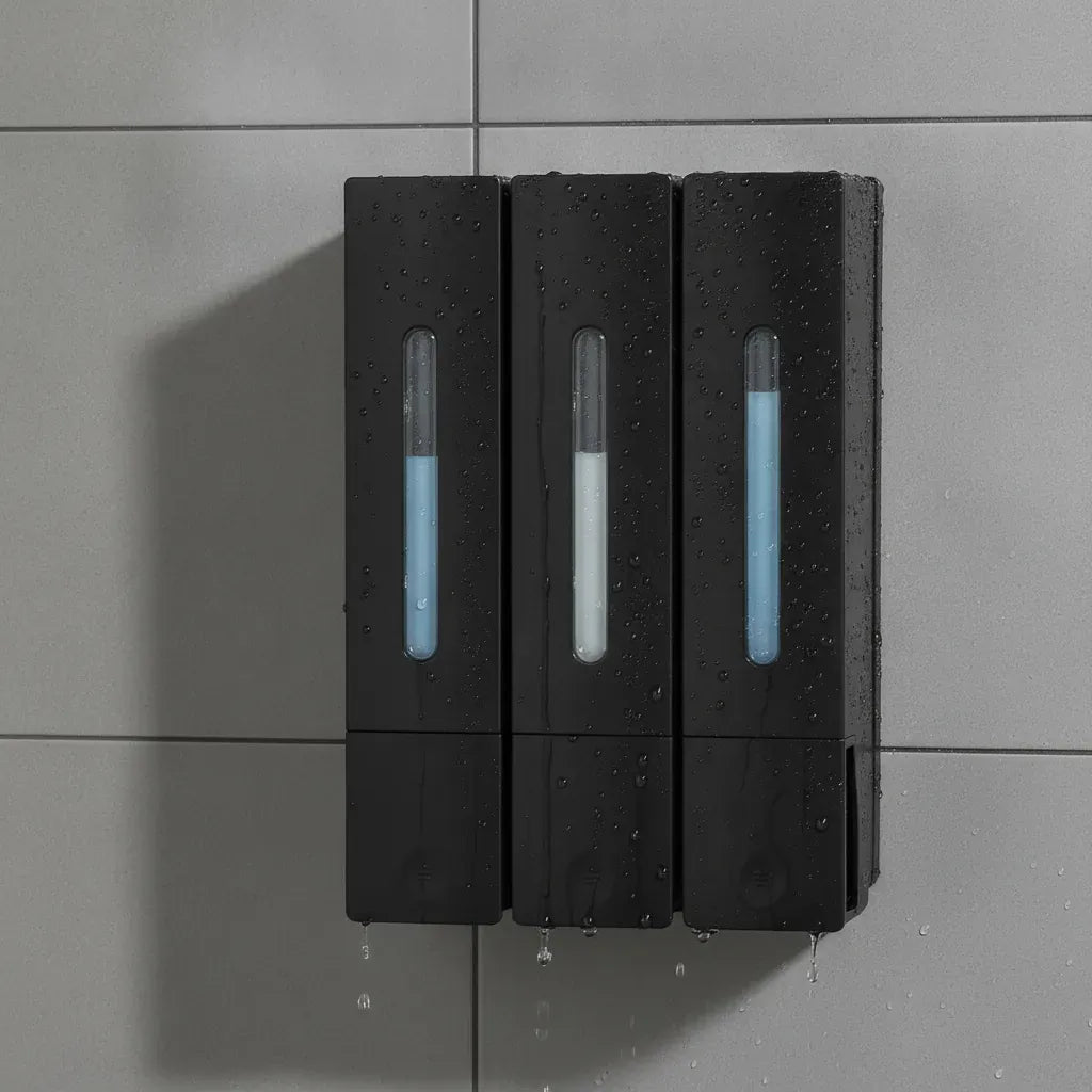 Distributeur Savon Mural Triple Noir Sans Percage