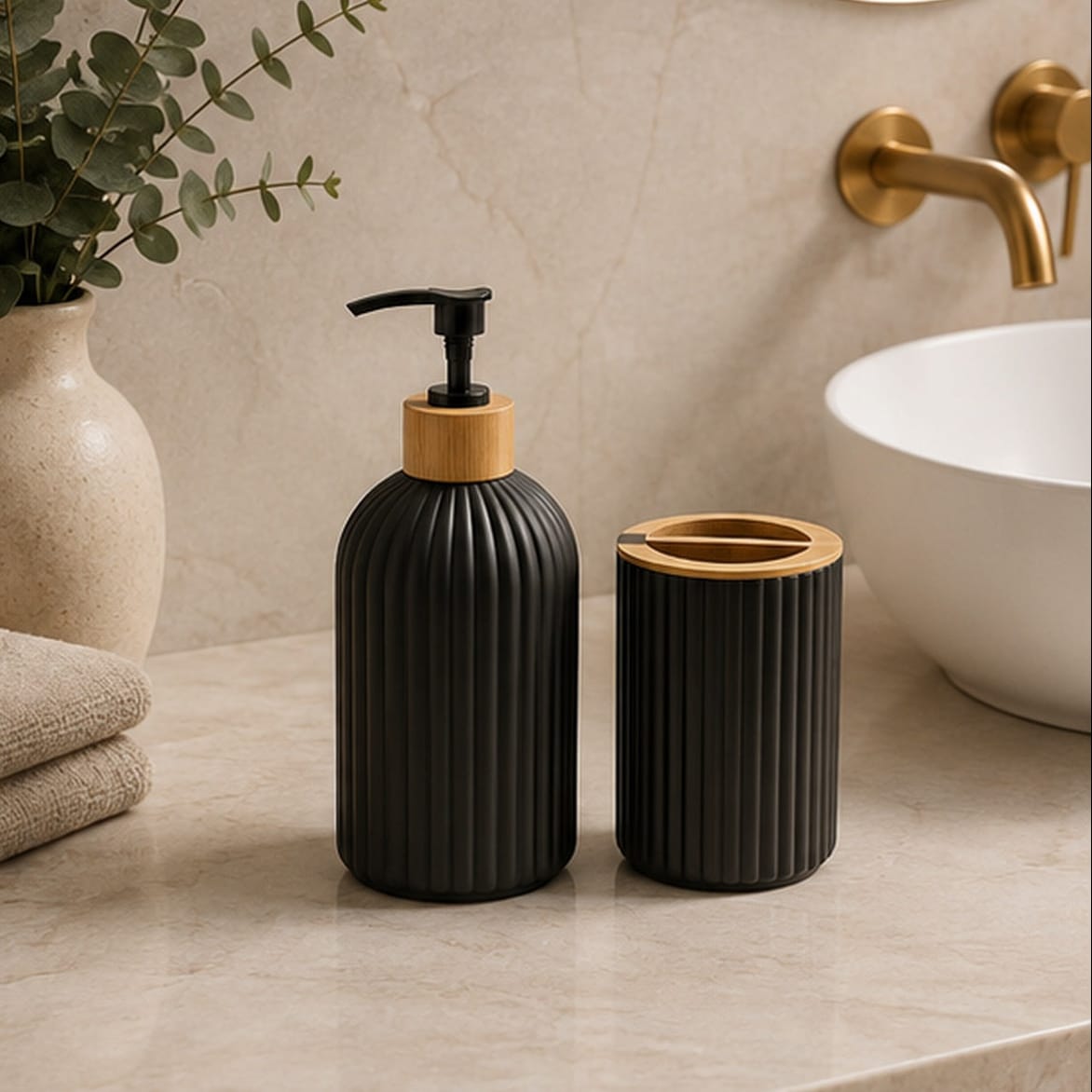 Ensemble de Salle de Bain Noir – Distributeur de Savon & Porte-Brosse à Dents